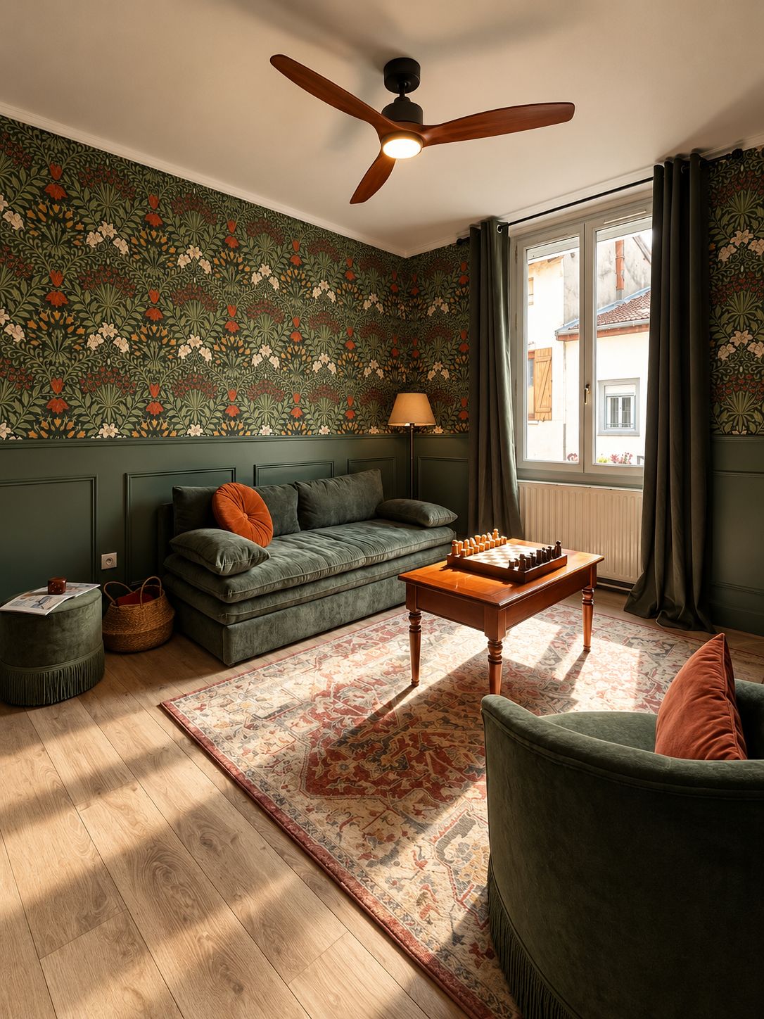 Ein Wohnzimmer mit einem grünen Sofa, einem Holztisch, einem Schachbrett, einem gemusterten Teppich und einem Deckenventilator.