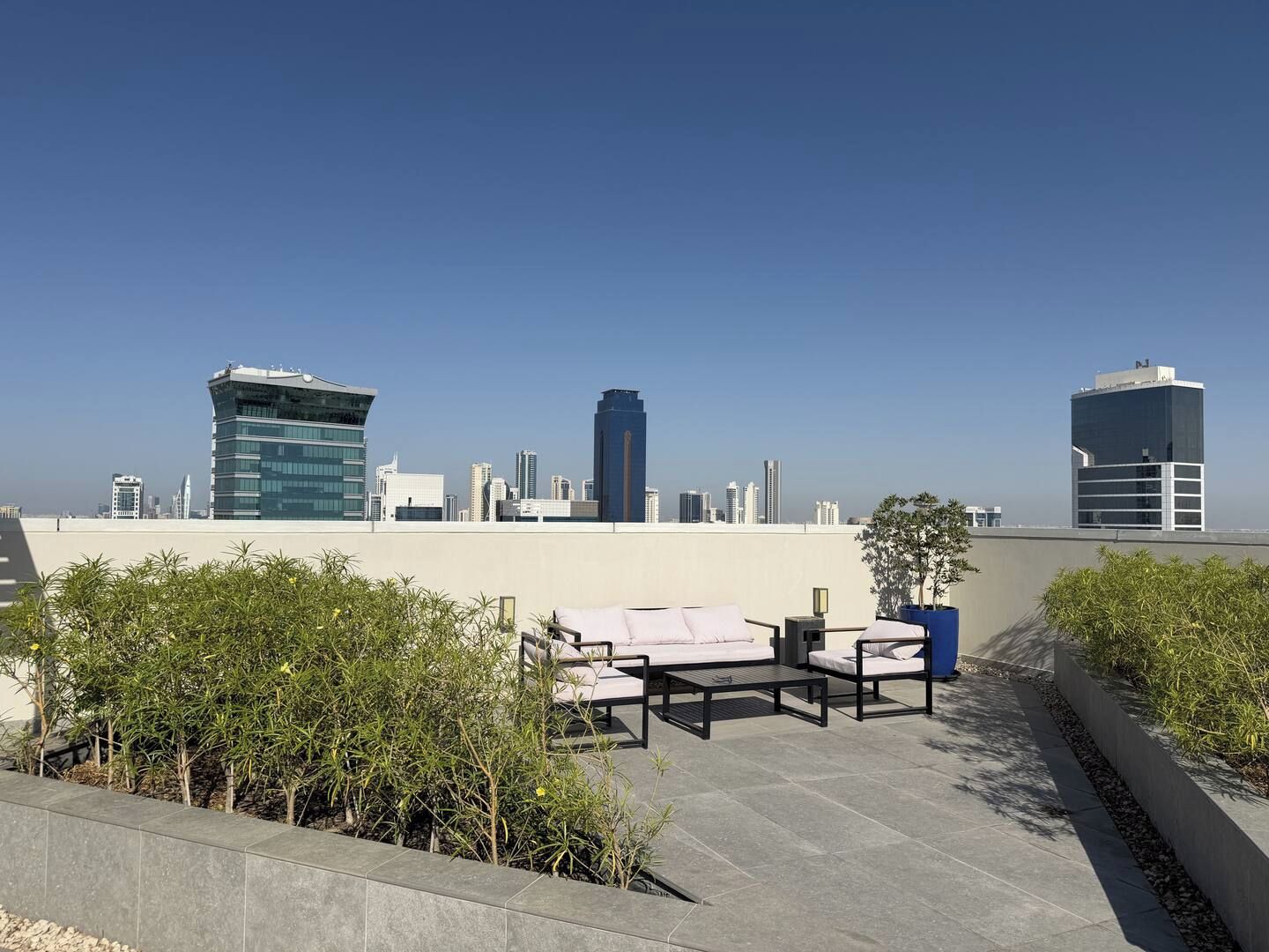 A rooftop terrace with outdoor furniture, a city skyline in the background, and a clear sky.