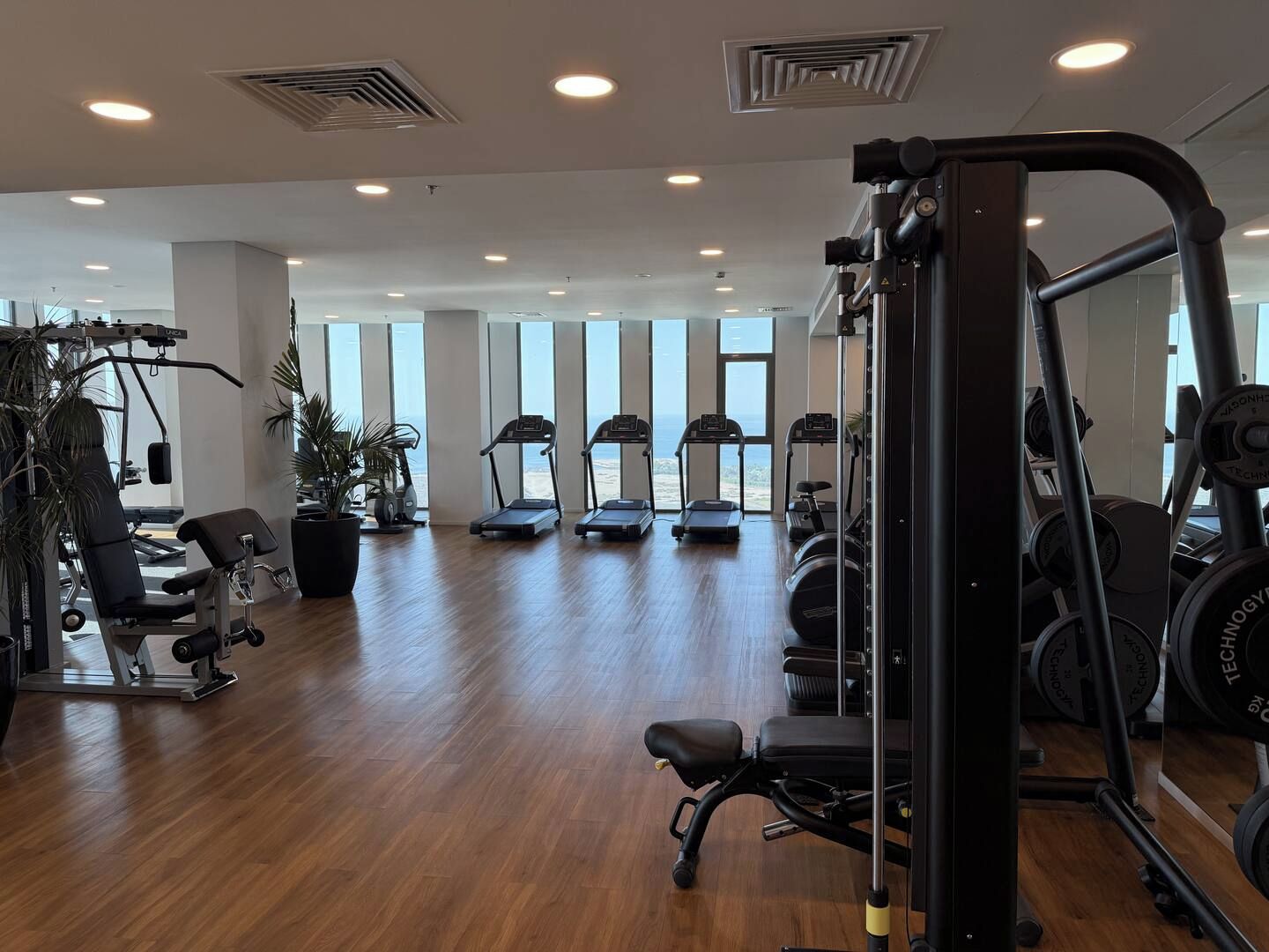 A gym with treadmills, weight machines, and a large window with a view.