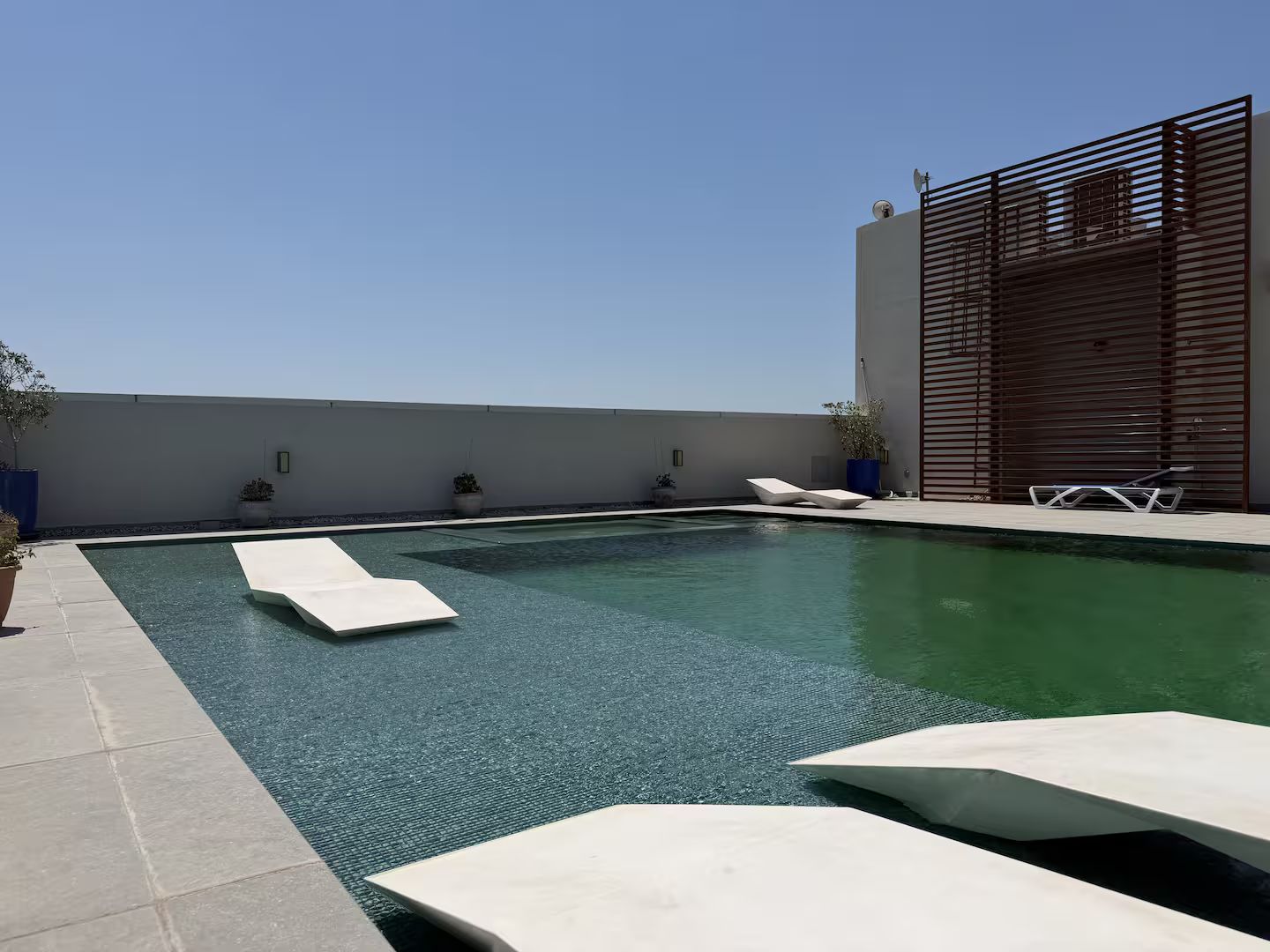 Una piscina en la azotea con un cielo azul despejado, rodeada de plantas en macetas y mobiliario moderno para exteriores.