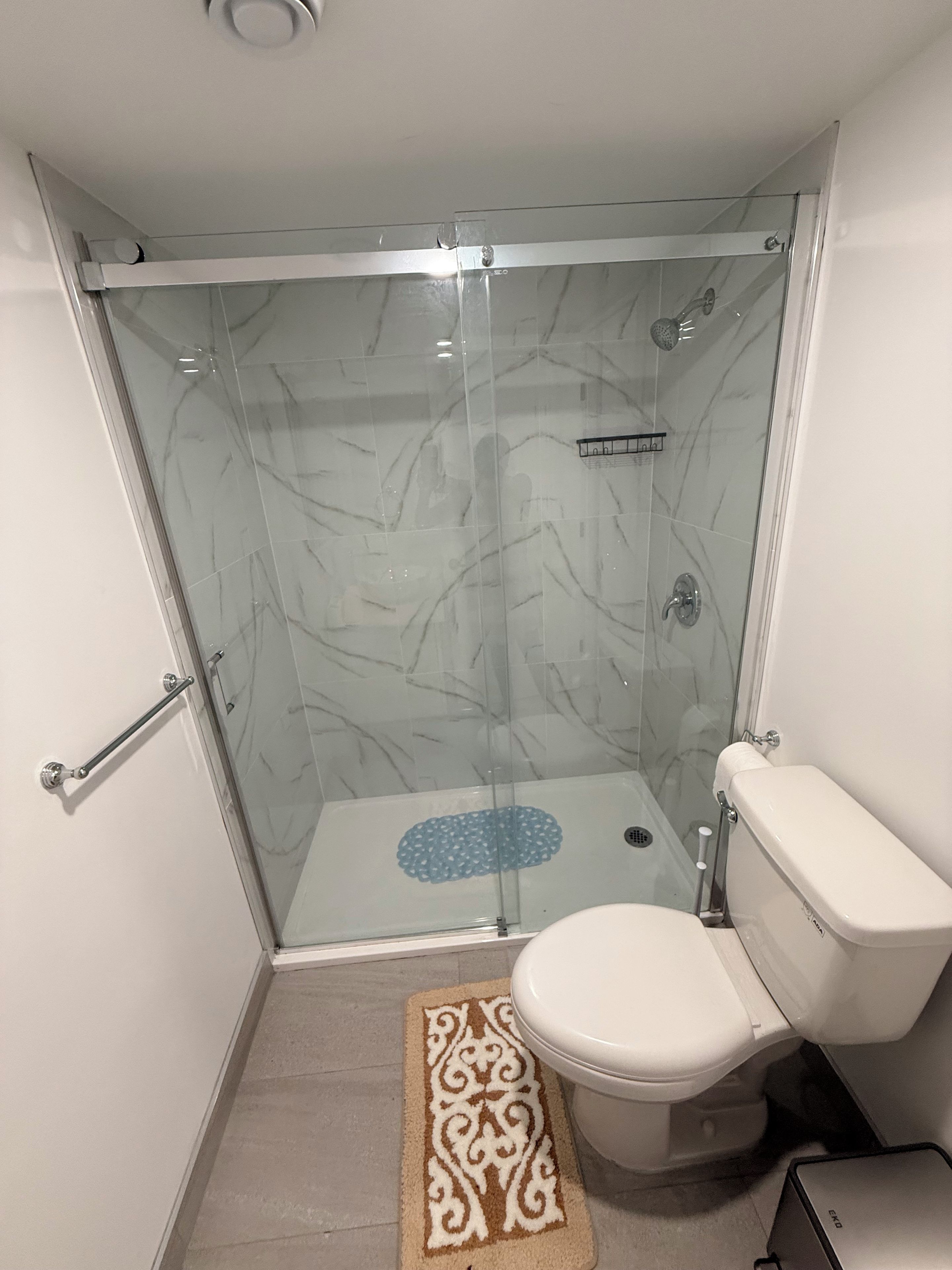 Une salle de bain avec une douche à parois de verre, des toilettes blanches et un tapis à motifs sur le sol.