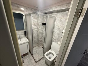 Un baño con ducha vidriada, inodoro y lavamanos.