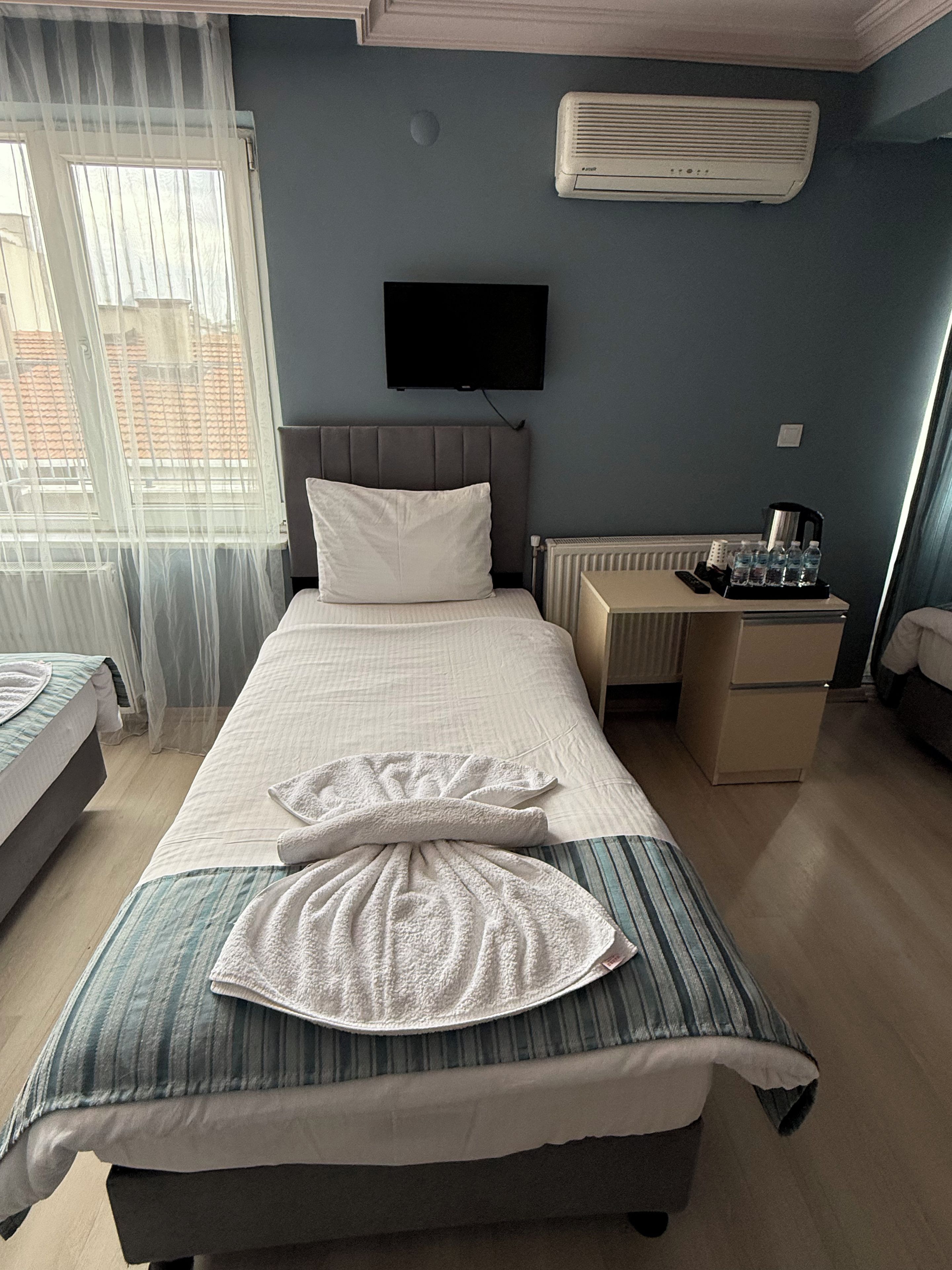 A hotel room with a bed, a television, a radiator, and a desk with a coffee maker.