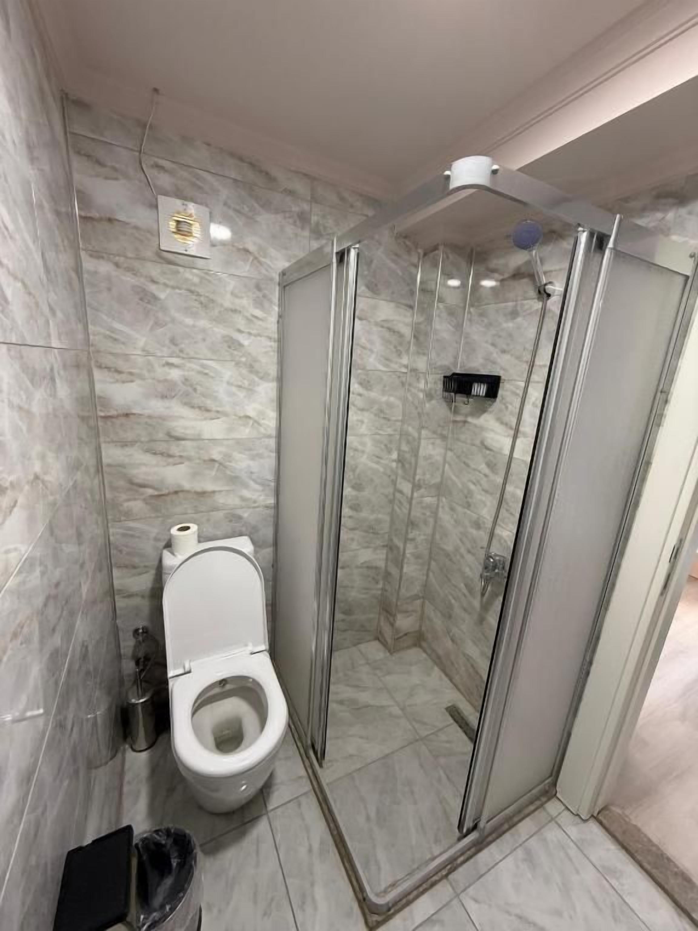 A bathroom with a glass-enclosed shower, a toilet, and a marble wall.