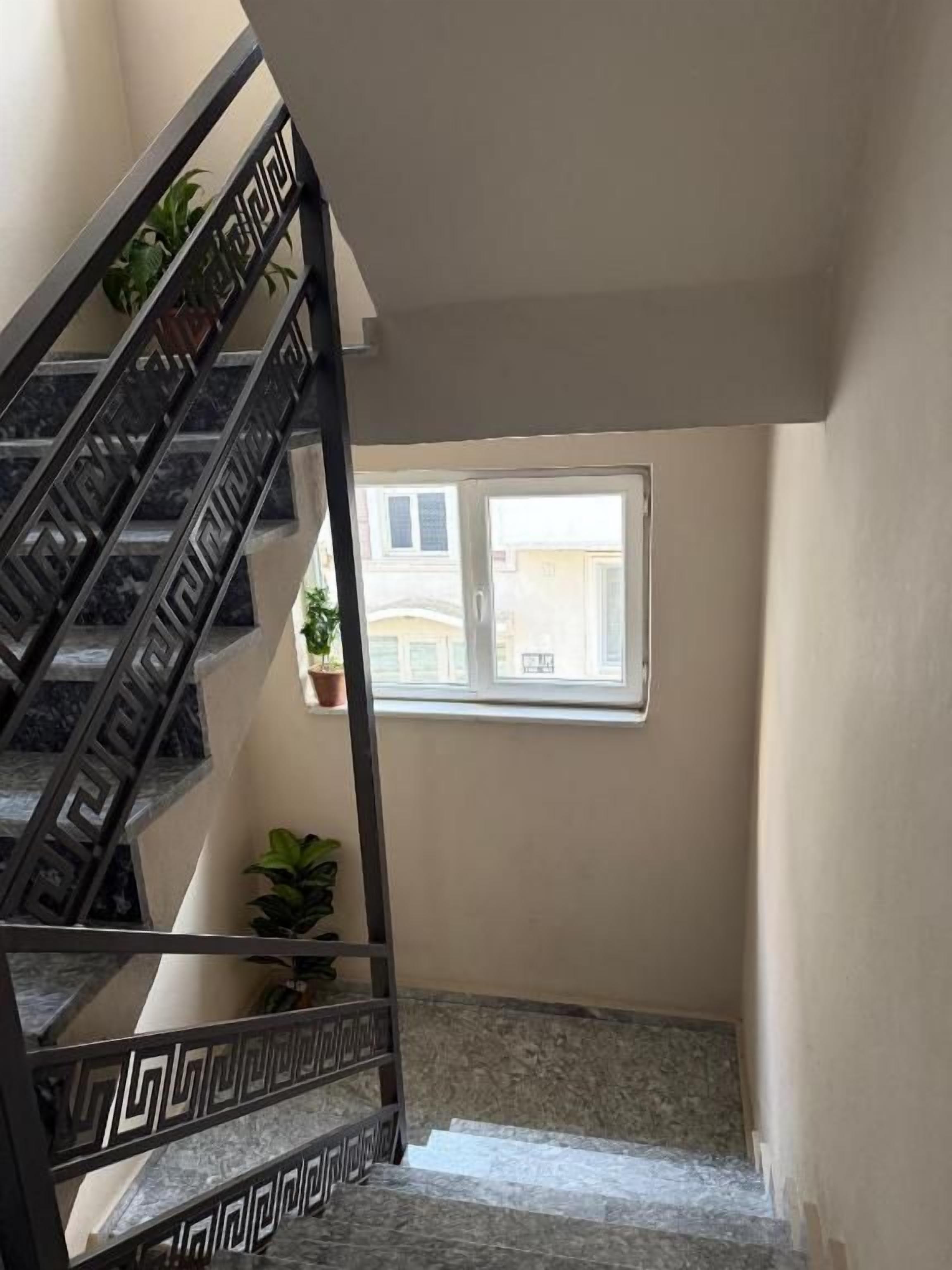 A staircase with a geometric railing design, a potted plant, and a window with a view of a building.