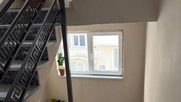 A staircase with a geometric railing design, a potted plant, and a window with a view of a building.