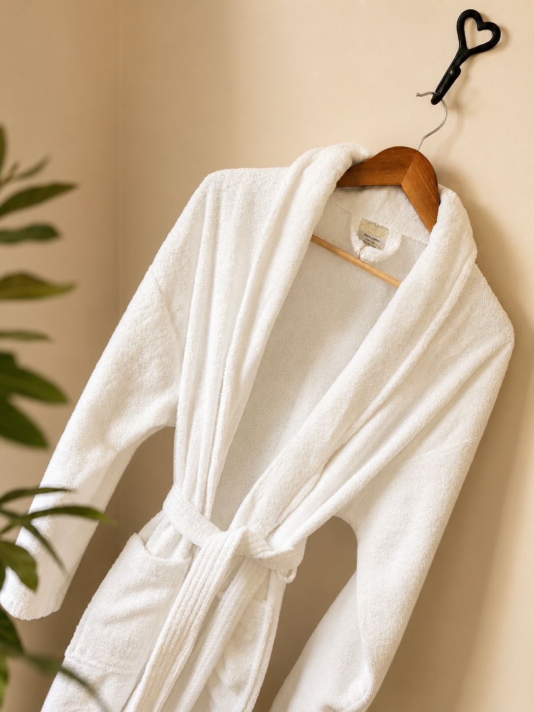 Un peignoir blanc est suspendu à un cintre en bois devant un mur de couleur beige.