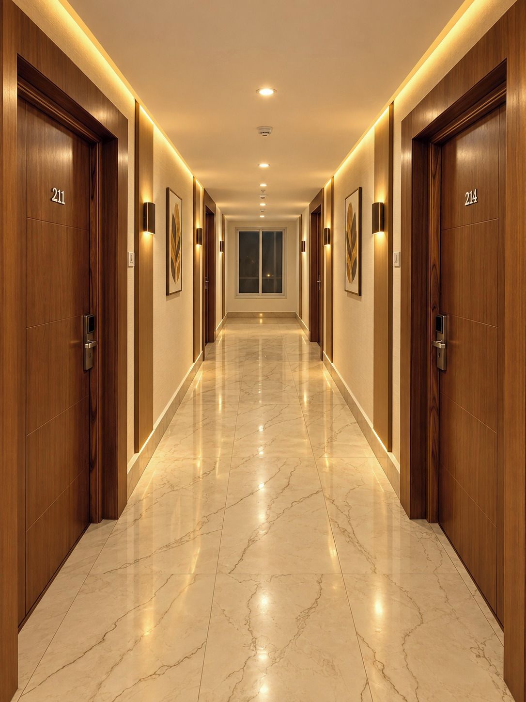 Pasillo de hotel con puertas de madera numeradas 211 y 214, suelo de mármol e iluminación empotrada.