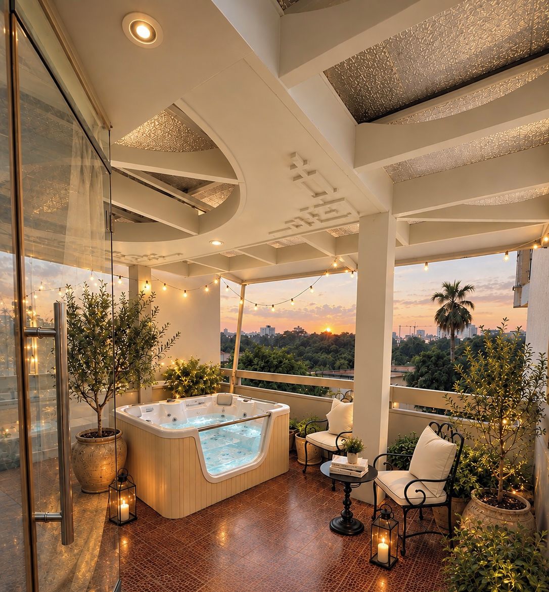 A modern rooftop terrace with a hot tub, seating area, and potted plants.