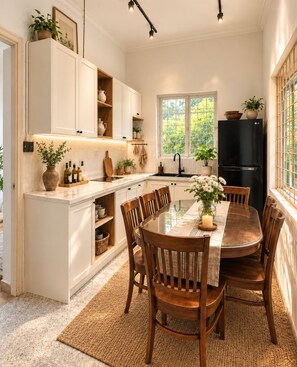A modern kitchen with white cabinetry, a black refrigerator, and a dining area with wooden chairs and a glass table. - West Lake Peaceful Villa by Anamoi (Hà Nội)