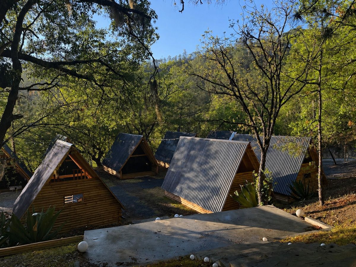Un camping con varias cabañas de madera, algunas con techo de metal, rodeado de árboles y un cielo despejado.