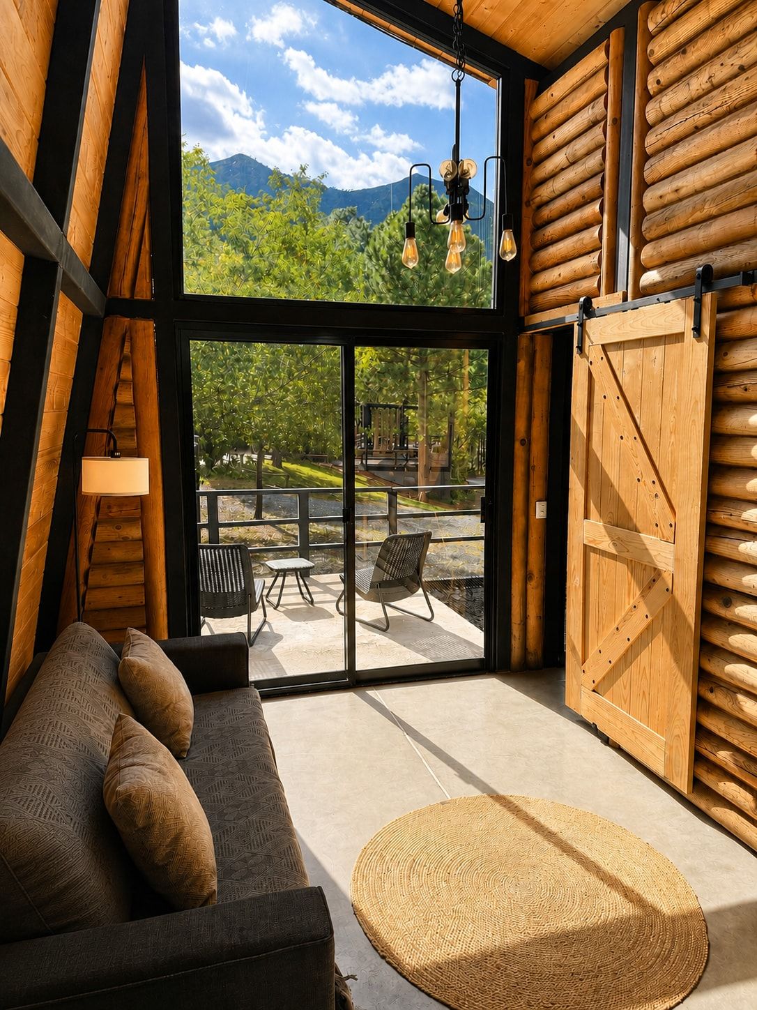 Interior moderno de cabaña de troncos con un sofá, un pouf tejido y vistas a un patio con mobiliario exterior.