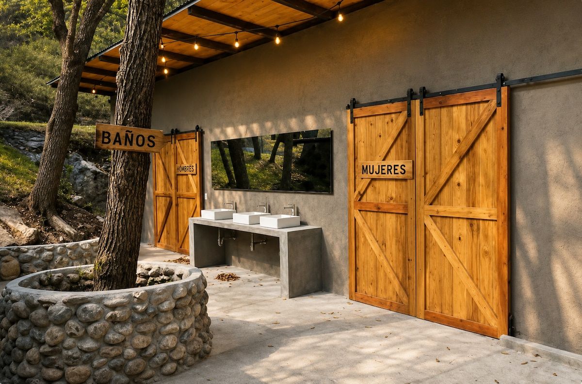 Un baño con dos puertas de madera que dicen 'BAÑOS' y 'MUJERES', un banco y una jardinera de piedra.