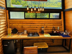 Cocina compacta con estufa a gas, lavamanos y ventana con vistas a la vegetación.