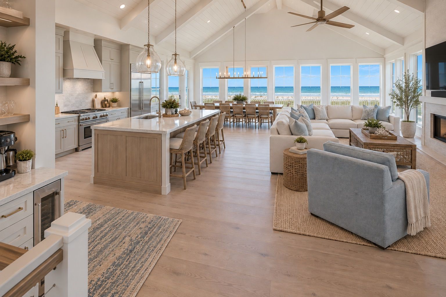 A spacious living area with a large window overlooking the beach, a kitchen with modern appliances, and a cozy seating area with a fireplace.