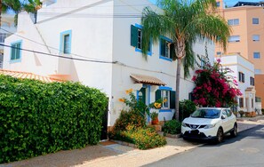 A residential street with a white car parked on the side, a house with blue shutters, and a lush green hedge.
