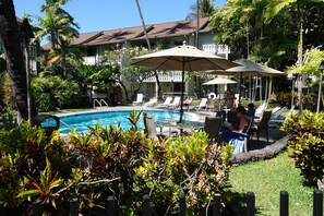 A pool area with lounge chairs and umbrellas, surrounded by tropical vegetation. - Clean, quiet remodeled downtown studio, Kona Islander Inn #117 (Kailua-Kona)