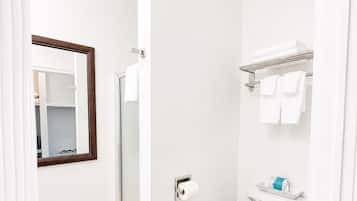 Un baño con inodoro, perchero, ducha y espejo.