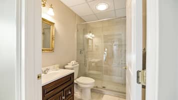 A bathroom with a glass-enclosed shower, a white toilet, and a vanity with a mirror.
