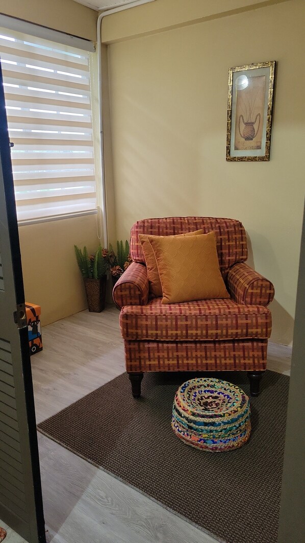 A room with a patterned armchair, a cushion, a framed picture, a potted plant, and a colorful woven rug.