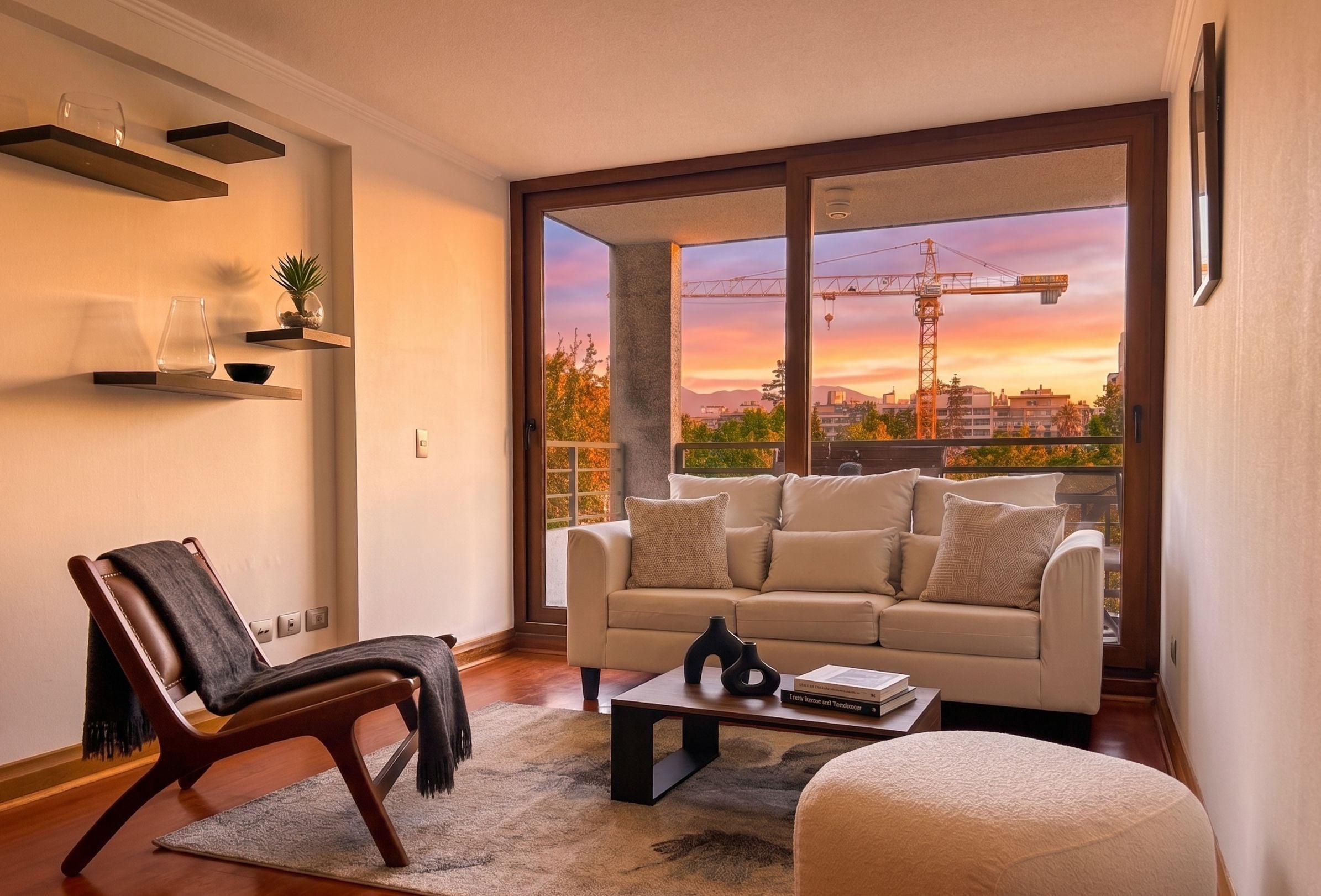 A living room with a sofa, armchair, coffee table, and a view of a construction site through a large window.