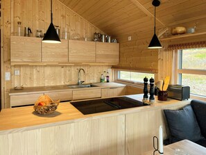 A wooden interior with a kitchen area featuring a sink, countertop, and overhead lighting.