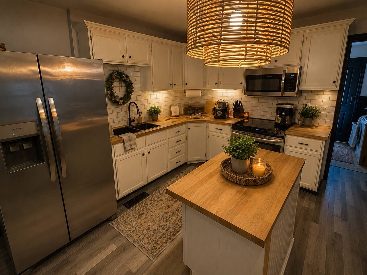 A modern kitchen with a stainless steel refrigerator, a microwave, and a built-in oven. There is a wooden island with a potted plant and a candle.