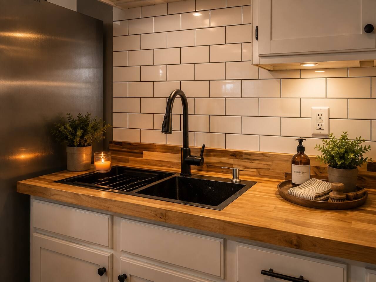 Een keuken met een dubbele spoelbak, een houten aanrechtblad, witte kastjes en een potplant.