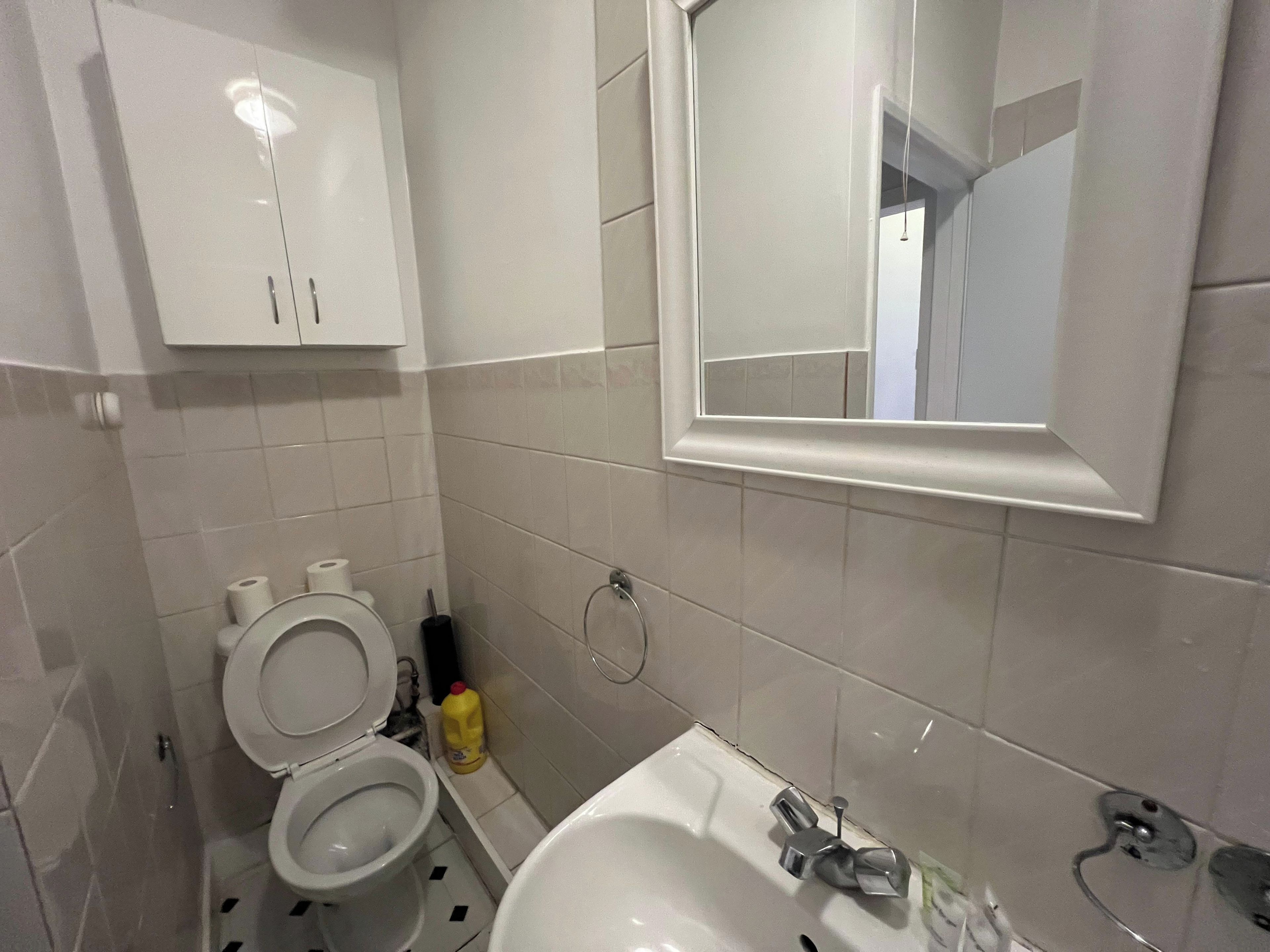 Ein Badezimmer mit Toilette, Waschbecken und Spiegel.