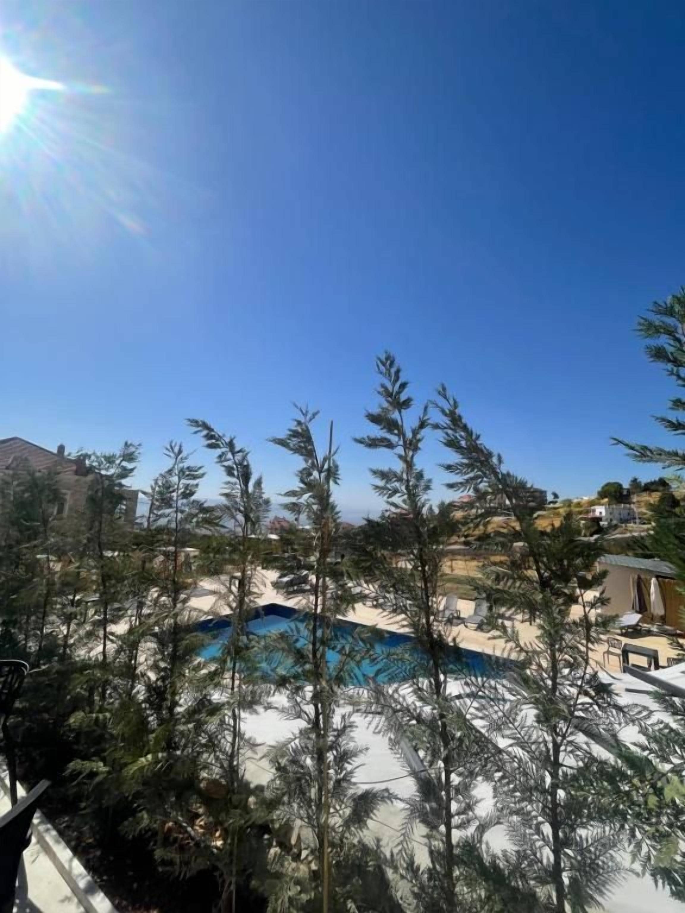 A clear sky with a pool and trees in the foreground.