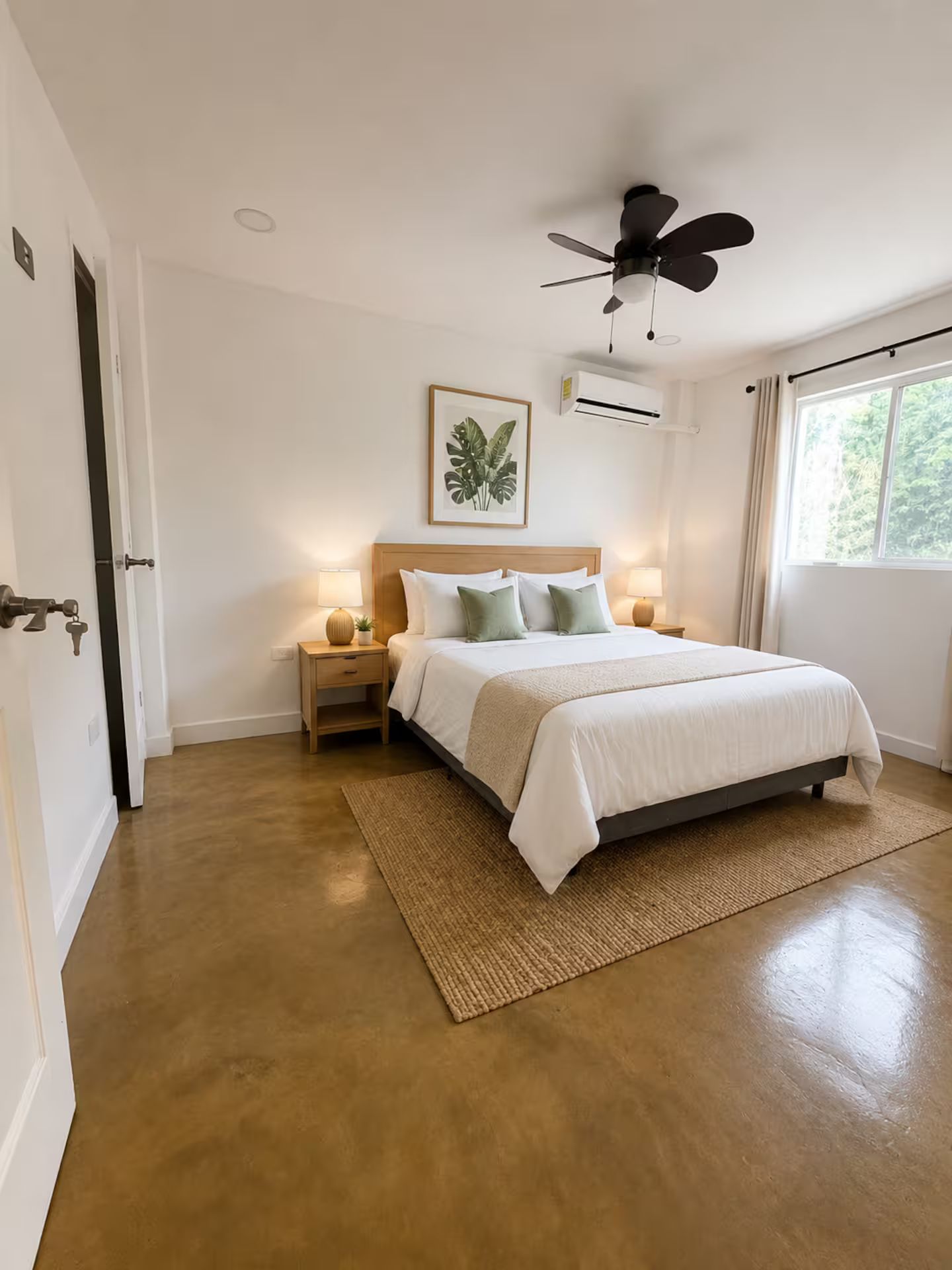 Un dormitorio con cama, mesitas de noche, ventilador de techo, aire acondicionado y ventana con cortinas.
