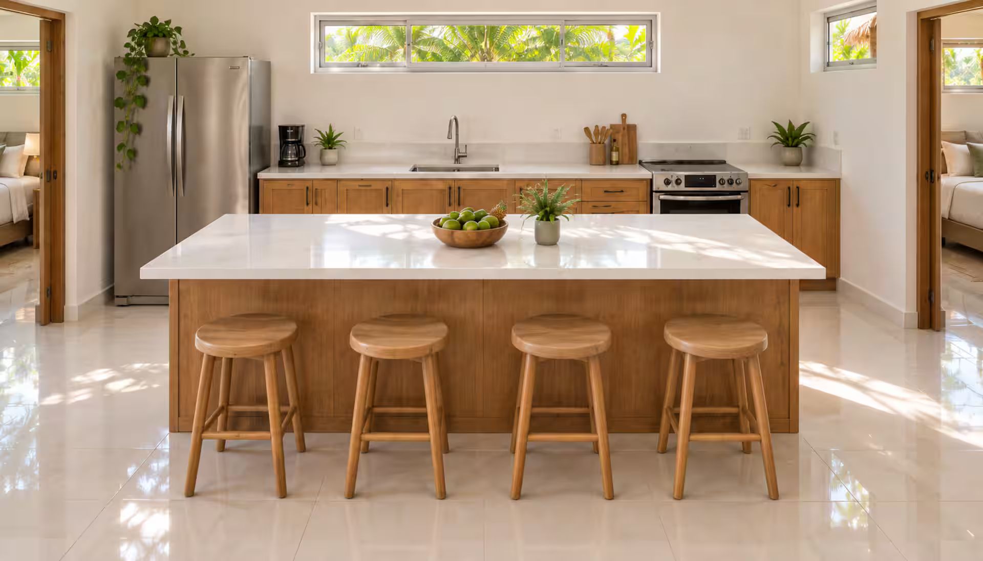 A modern kitchen with a central island, wooden stools, a refrigerator, and a window with a view of greenery.