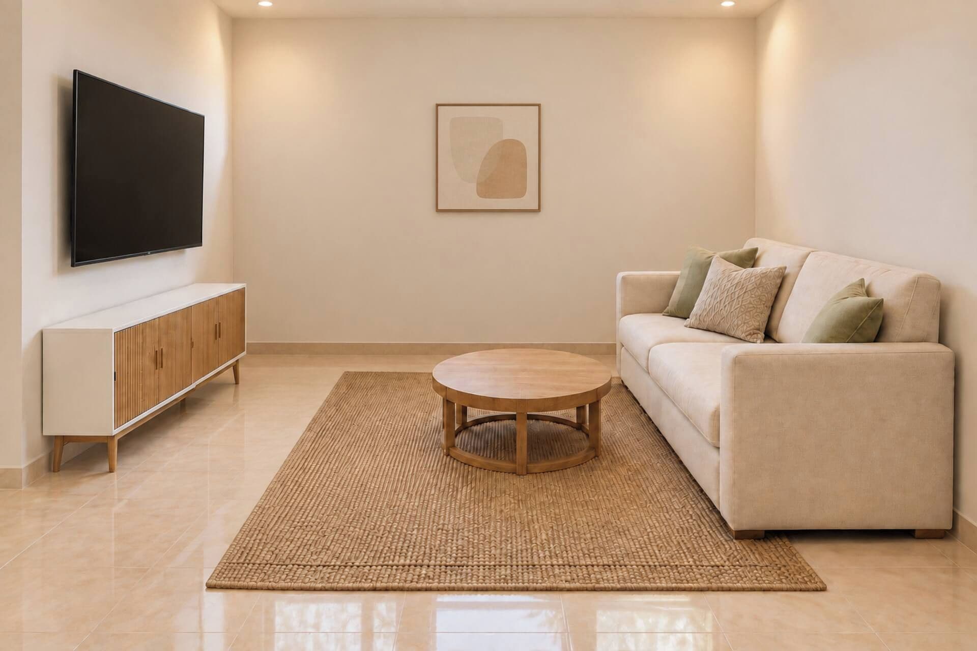 A modern living room with a flat-screen TV, a round coffee table, a beige sofa, and a minimalist wall art piece.