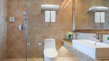 A bathroom with a glass-enclosed shower, a toilet, a sink, and a mirror.