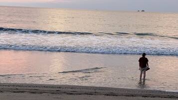 A beach scene with a person standing in the water, waves approaching the shore, and a distant landmass.