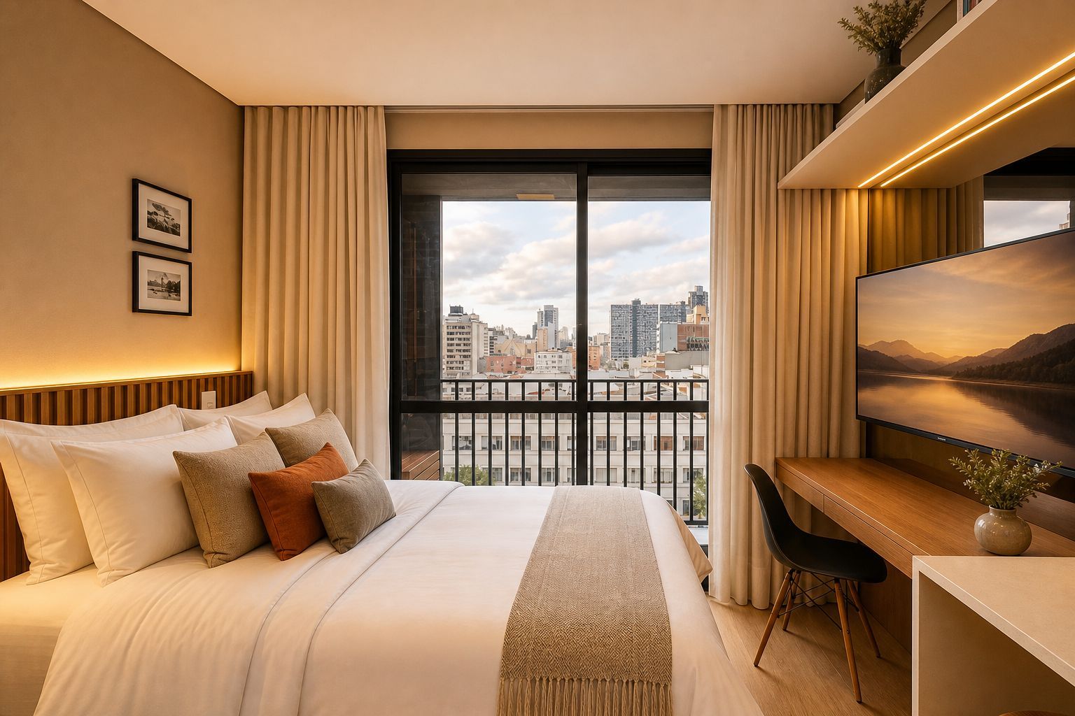 Quarto de hotel com cama, escrivaninha, televisão e vista para a cidade.