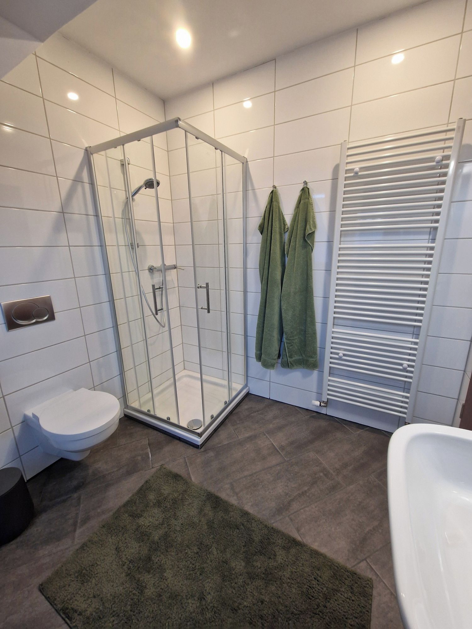 A bathroom with a glass shower enclosure, a toilet, a sink, and a towel rack with towels.