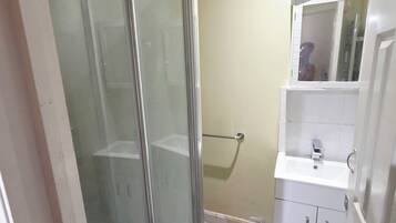 A bathroom with a glass shower enclosure, a white sink, and a mirror above it.