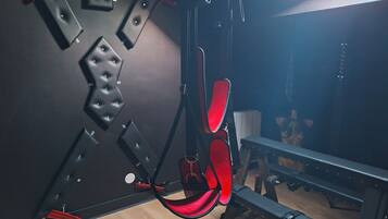 A gym with exercise equipment, a bench, and a wall-mounted rack.