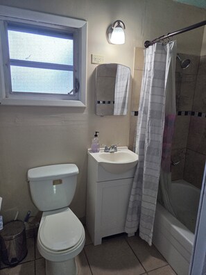 Un baño con inodoro, lavabo, espejo, ducha y ventana.