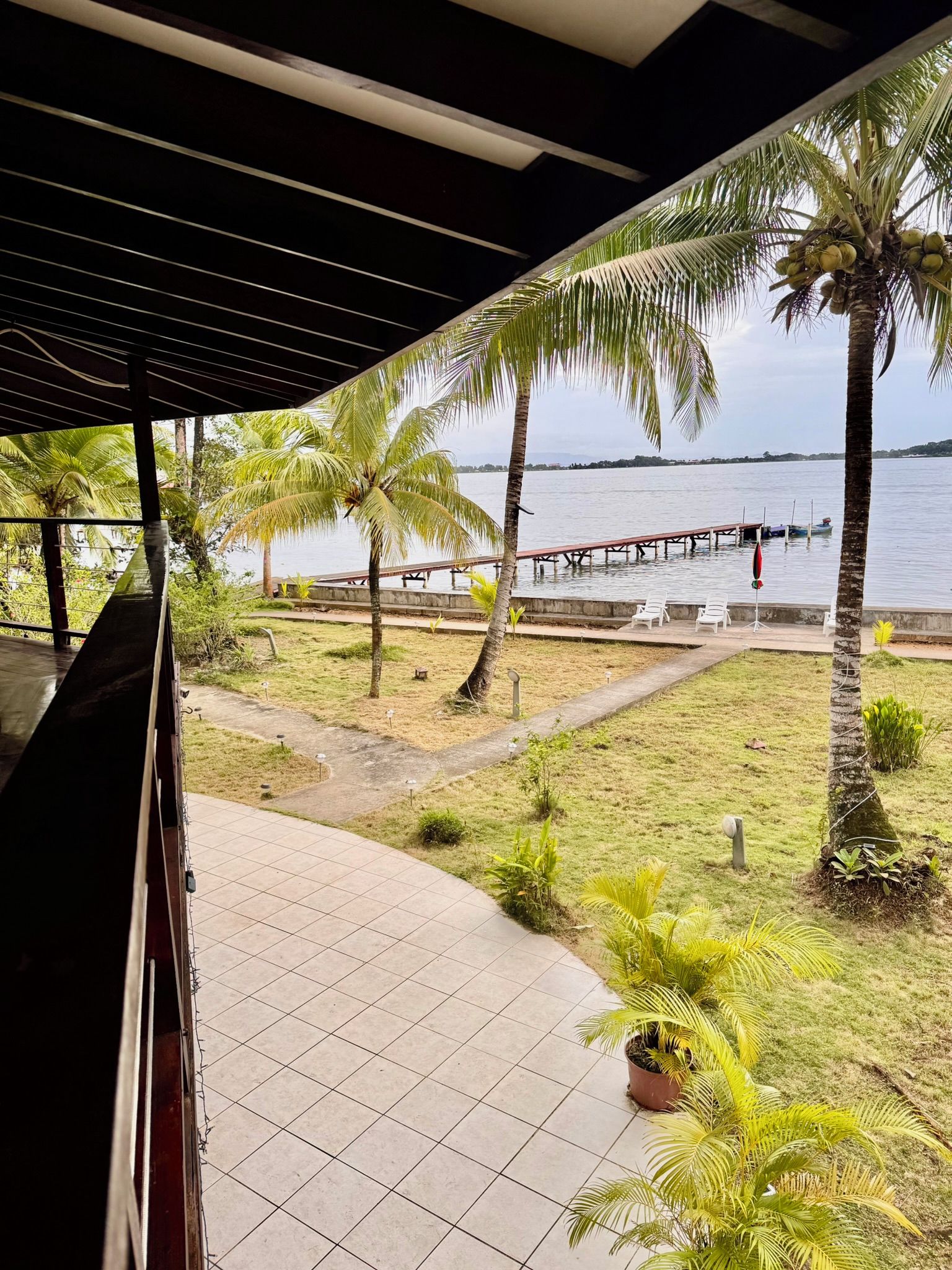 Un espacio al aire libre techado con vista a un cuerpo de agua, palmeras y un muelle.