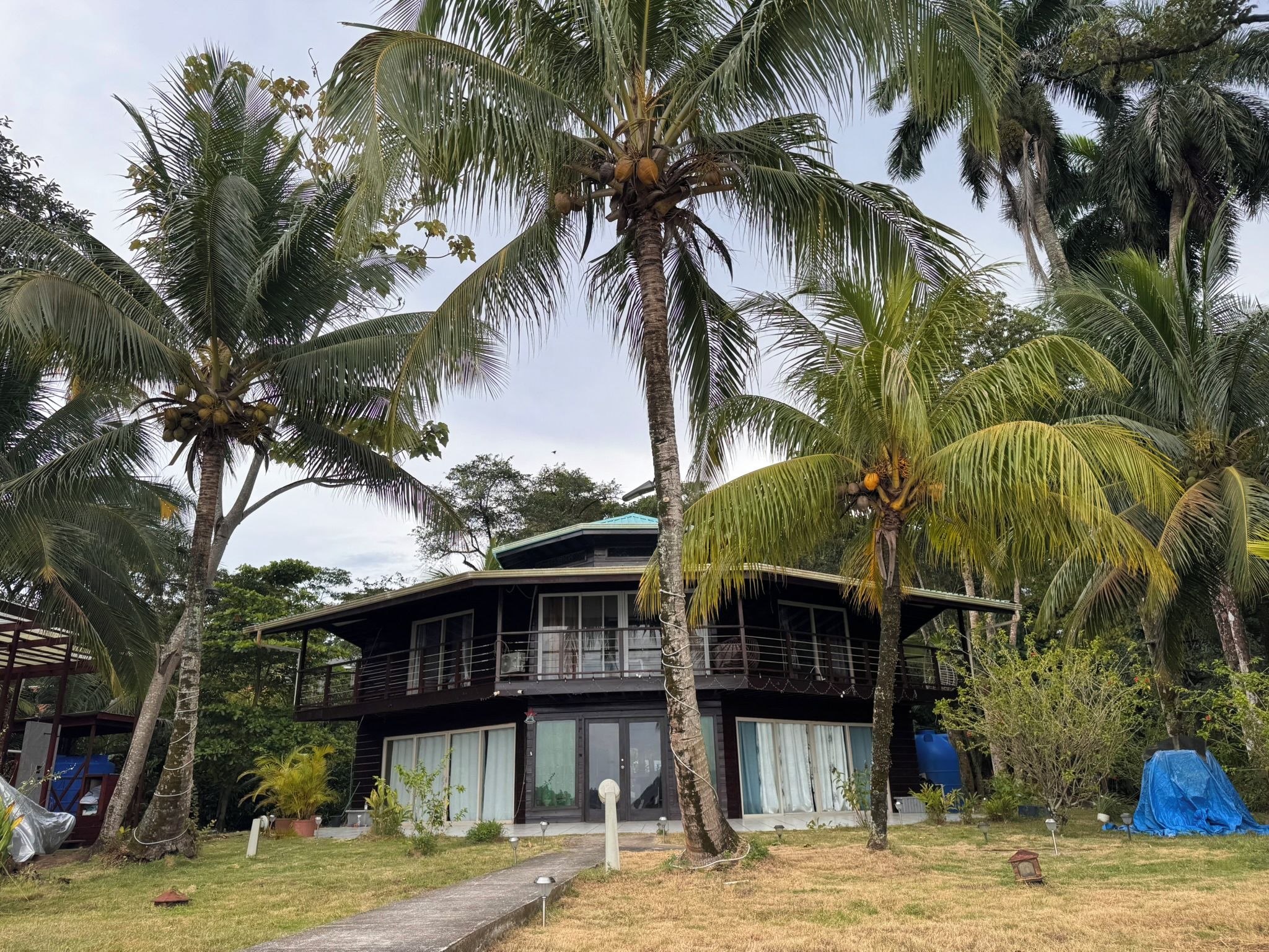 Una casa de dos pisos rodeada de palmeras.