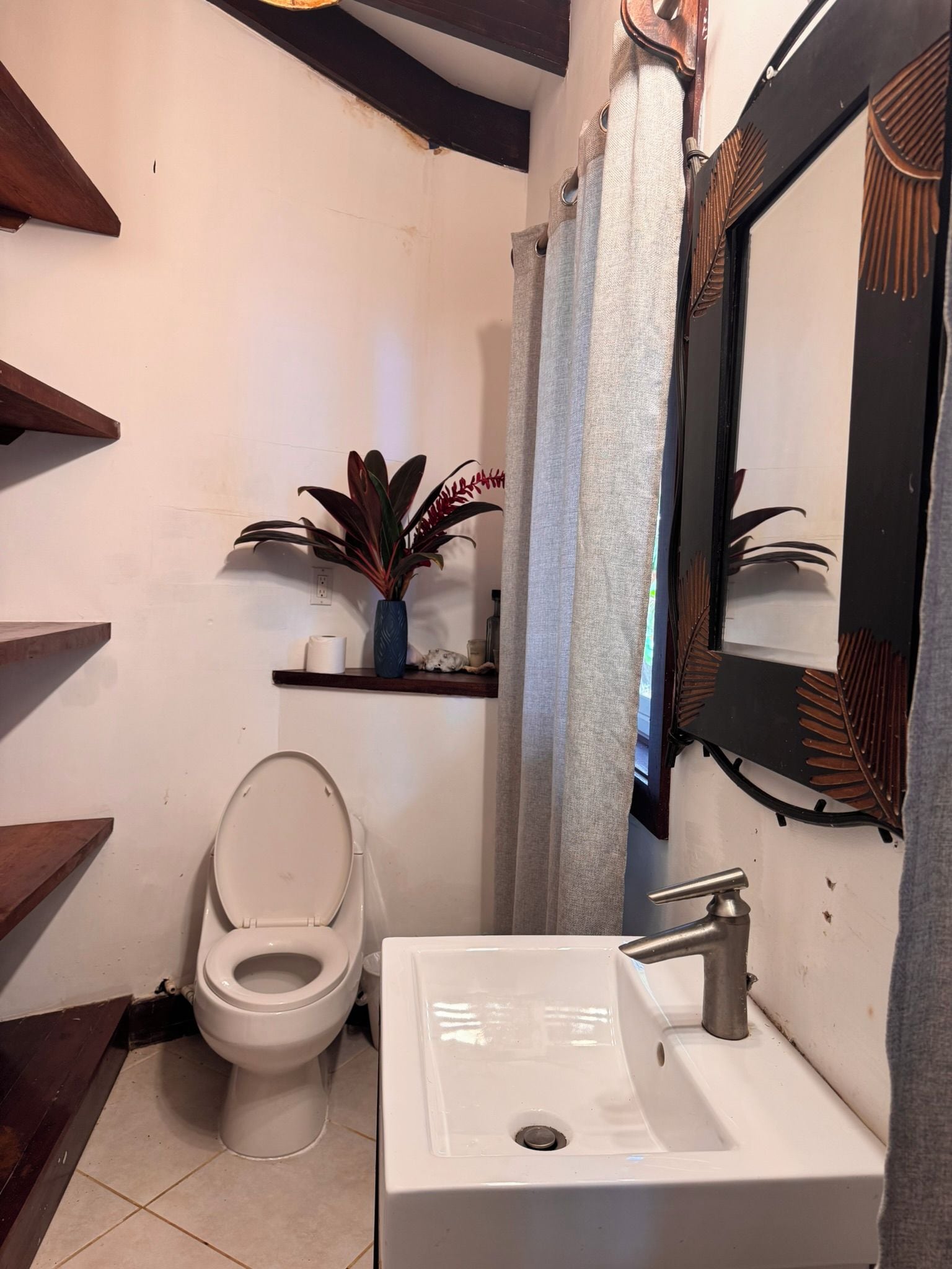 Un baño con inodoro, lavabo y espejo. Hay una repisa con una planta y una botella.