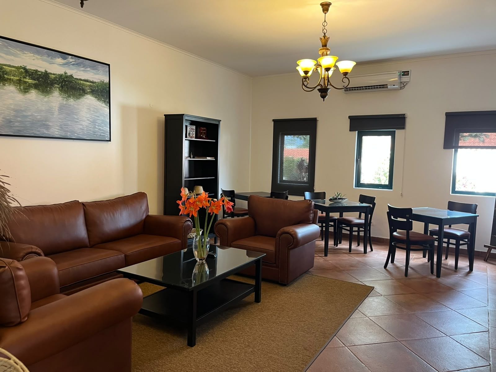 A living room with a sofa, coffee table, and a bookshelf. There is a dining area with a table and chairs.