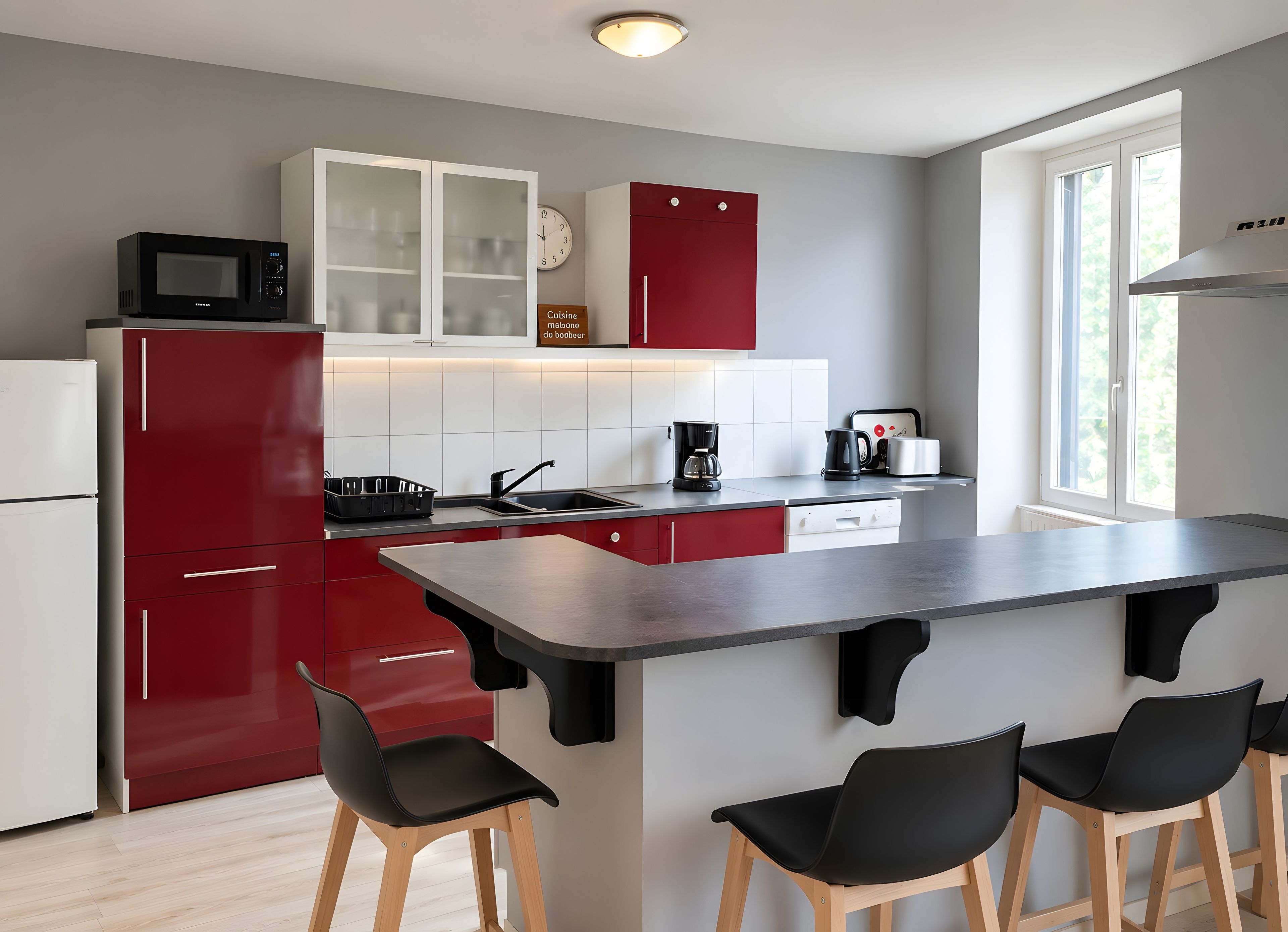 A modern kitchen with a central island, red cabinetry, and a microwave.