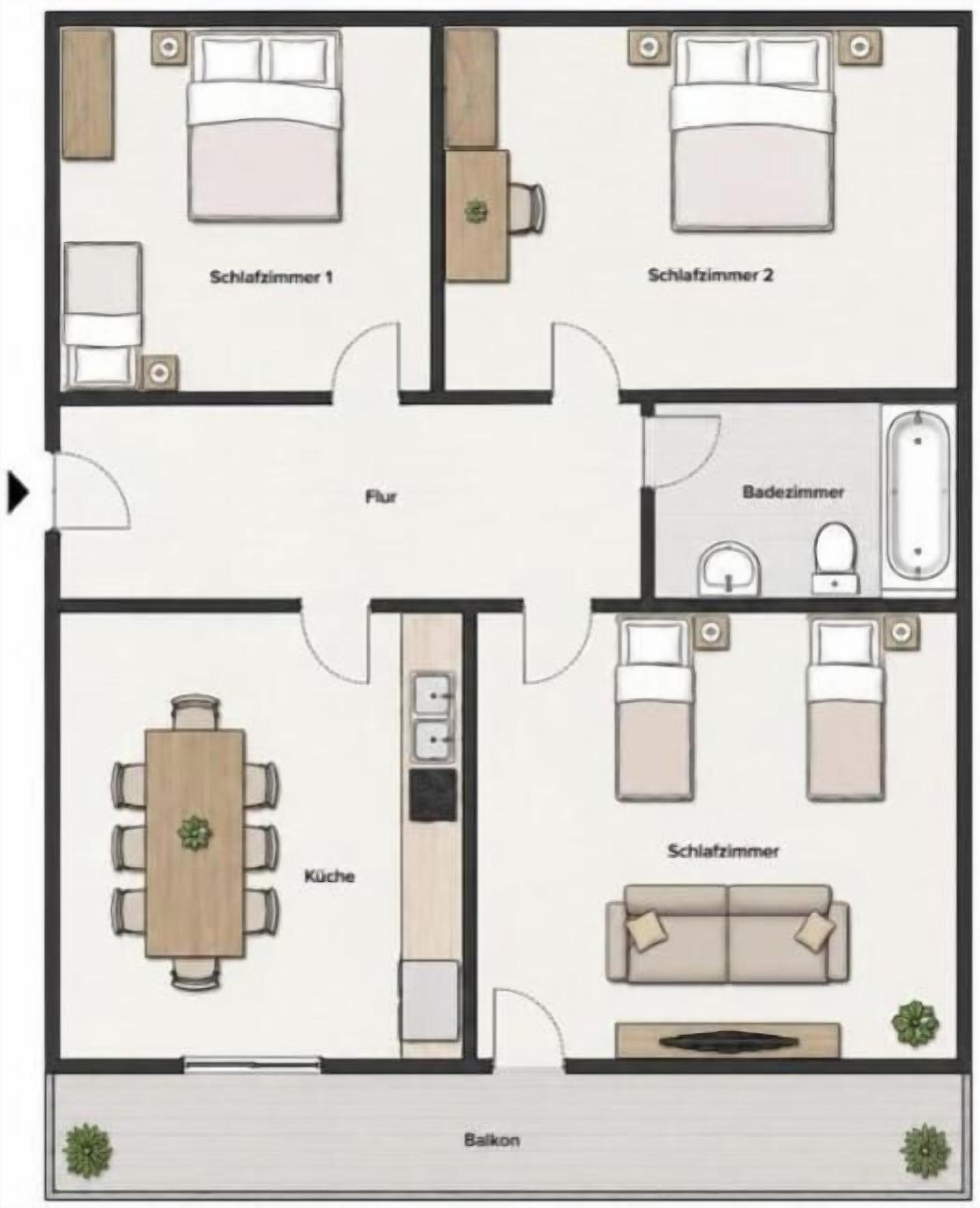 Pianta piano di un hotel con due camere da letto, un bagno, una cucina, zona pranzo e un balcone.