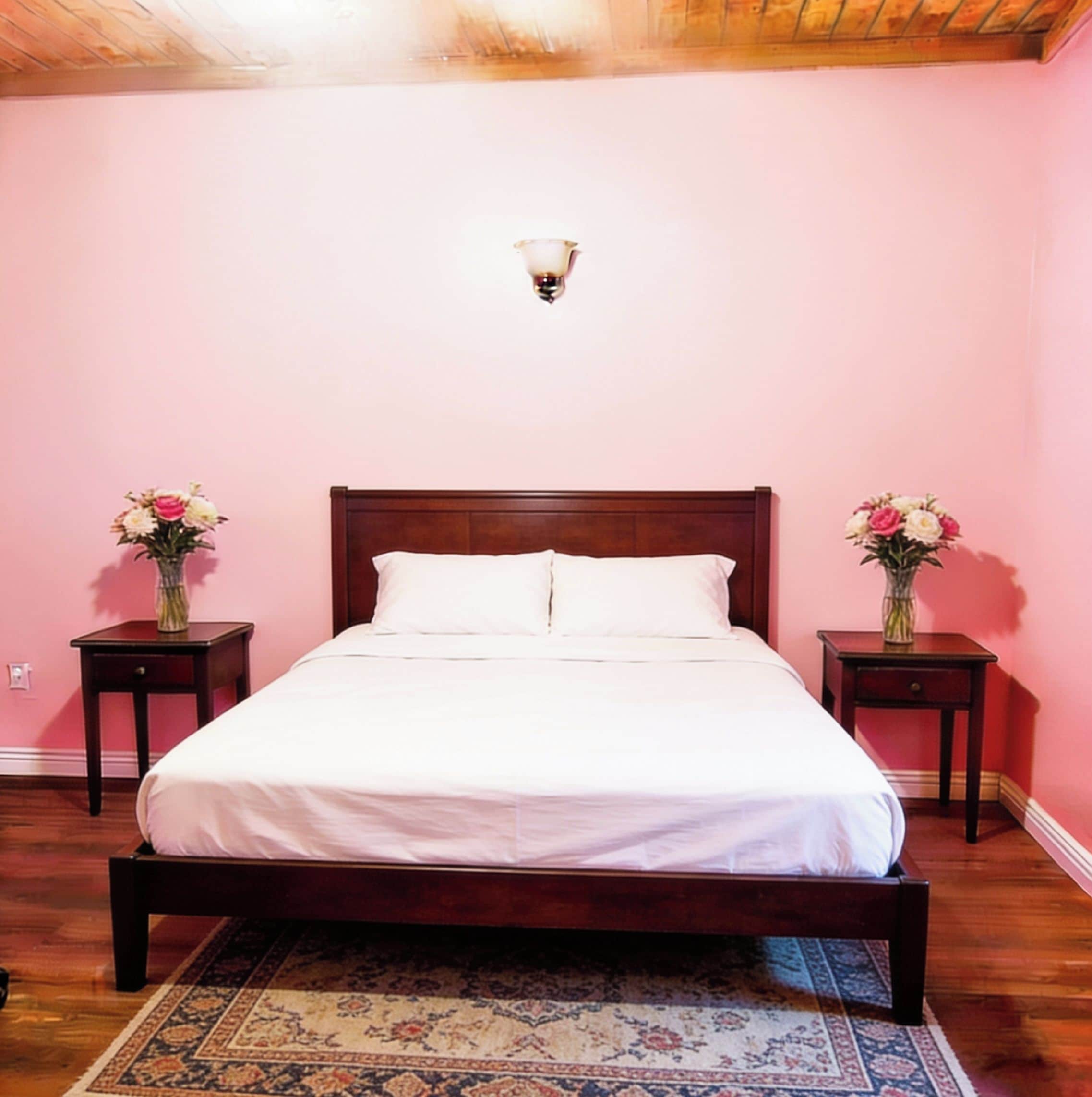 Ein Schlafzimmer mit einem hölzernen Bett, rosafarbenen Wänden und zwei Nachttischen mit Blumenvasen.
