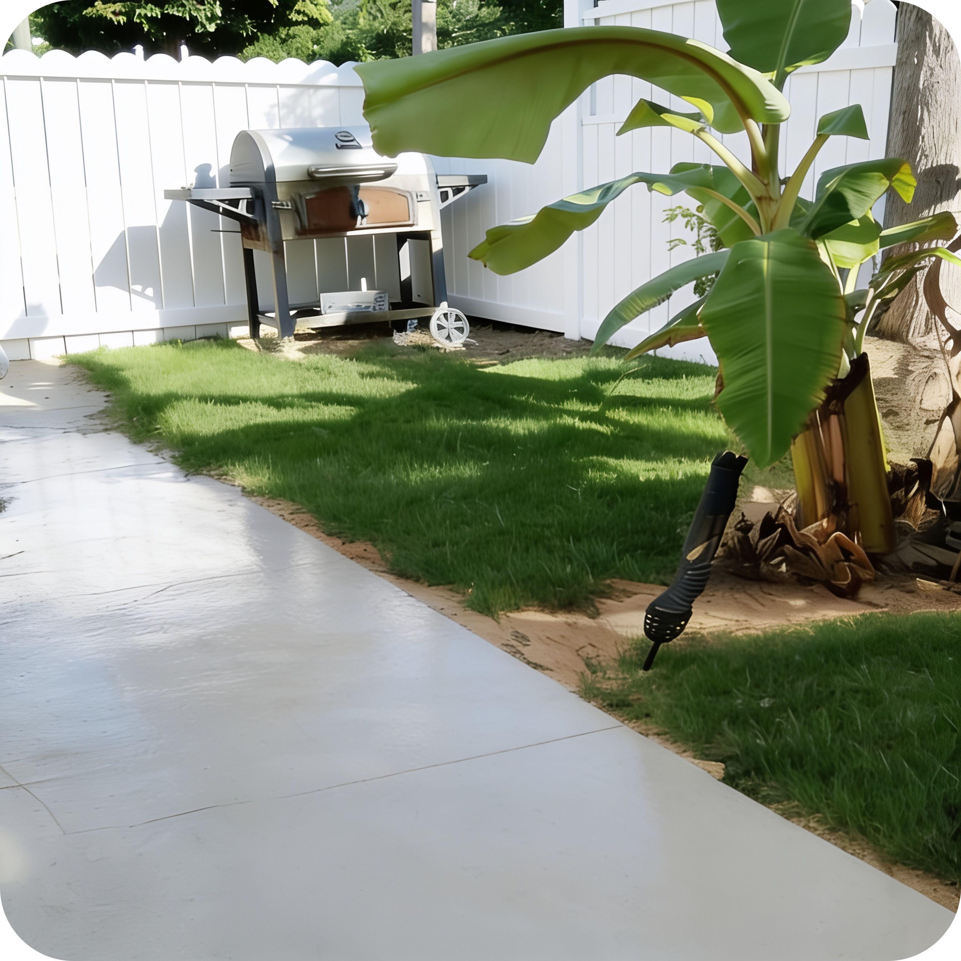 A backyard with a concrete pathway, a white fence, a barbecue grill, and a banana tree.