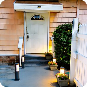 A house entrance with a white door, steps leading up to it, and potted plants with flowers.