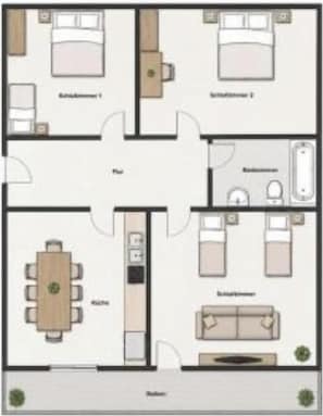 Un plan d’étage d’hôtel comprenant deux chambres, une salle de bain, une cuisine, un coin repas et un salon.